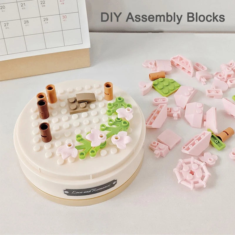 Bloques de construcción Flores Caja de música Diy Rose Bouquet Planta Bonsai Música Música Decoración de juguetes para niños Regalo para novia