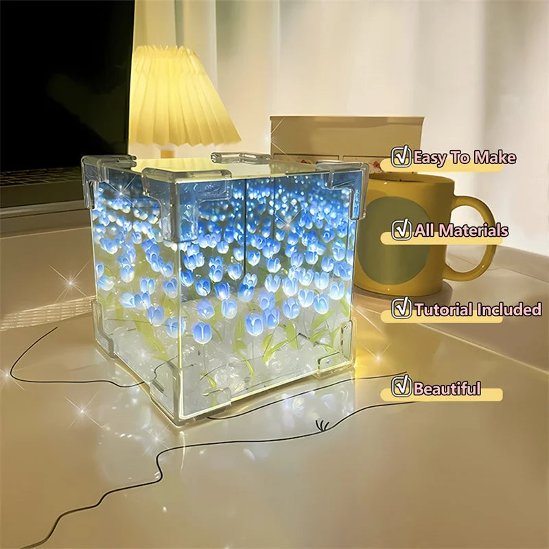 DIY Tulip Night Light Material Flower INS Handmade Home Decor Mirror Creative Atmosphere Light Birthday Gift with battery