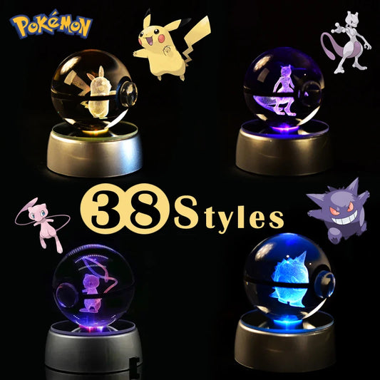 Pokemon 3D Ball Crystal Pikachu Gengar Mew Mewtwo Figuras Lâmpada Base Pokeball 3D Pokemon Glass Ball estátua infantil Presente de aniversário