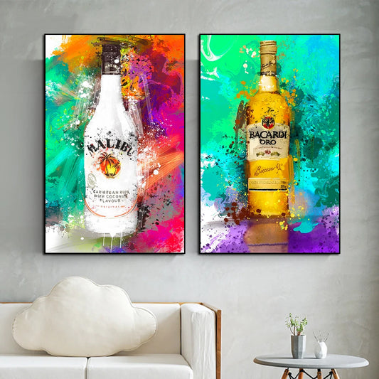 Weinflasche Graffiti Art Poster Nordic abstrakter Champagner Aquarell Canvas Malerei Wandküche Bar Raum Home Dekoration