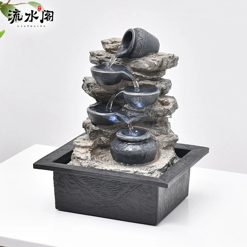 Fuente de agua de mesa de rocas apiladas con luz LED, Feng Shui Zen Intervele Waterfall Fountain para decoración de la oficina en el hogar tamaño de escritorio