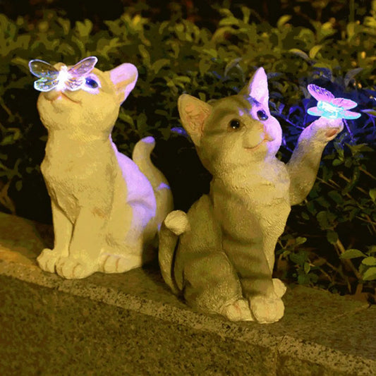 Escultura de gatos ao ar livre jardim de pendente de figura Luzes solares de gato fofo esculturas de estátua de animais para paisagem pátio