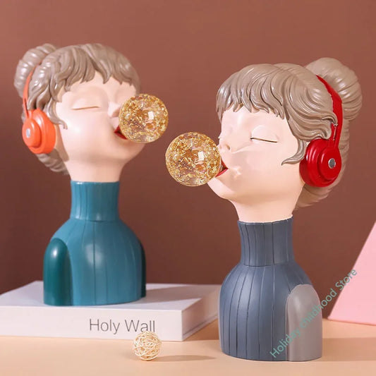 Modern Home Decor Crystal Bubble Gum Girl Statue Resin Sculpture Sideboard Music Girl Ornaments Crafts Cabinet Desktop Figurines