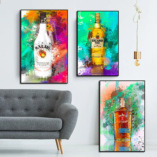 Weinflasche Graffiti Art Poster Nordic abstrakter Champagner Aquarell Canvas Malerei Wandküche Bar Raum Home Dekoration