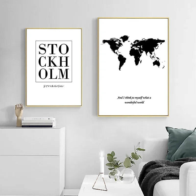 Arte de pared minimalista nórdico Mapa mundial de texto en blanco y negro Aceite HD en carteles y estampados de lienzo decoración de dormitorios en el hogar regalos