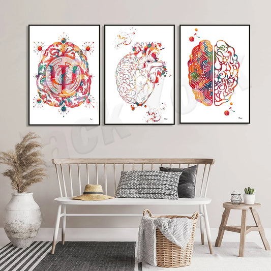 Aquarel Brain en Psychology Psychotherapy Poster, Psycholoog PSI -symbool, hersenfunctie Creativiteit en logische neurologie