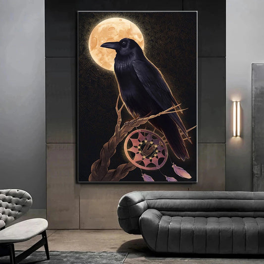 Crow Dream Catcher Vollmond Tod Gott Leinwand Malerei Poster Mystic Raven Bild Print Wohnzimmer Schlafzimmer Home Wandkunstdekoration