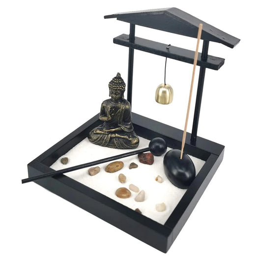 Desktop Zen Sand Garden Meditating Buda Statue, Mini Zen Garden Sand Bany Kit para decoración de la oficina en casa