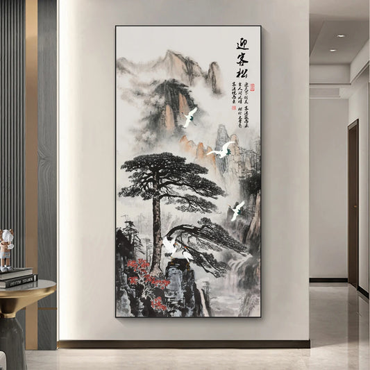 Chinesische Tintenstil Kiefernbaum Alpine Fluss Wasserwand Kunst Poster Wohnzimmer Korridor Bürodekor Leinwand Malmale Print Wandgeschenk