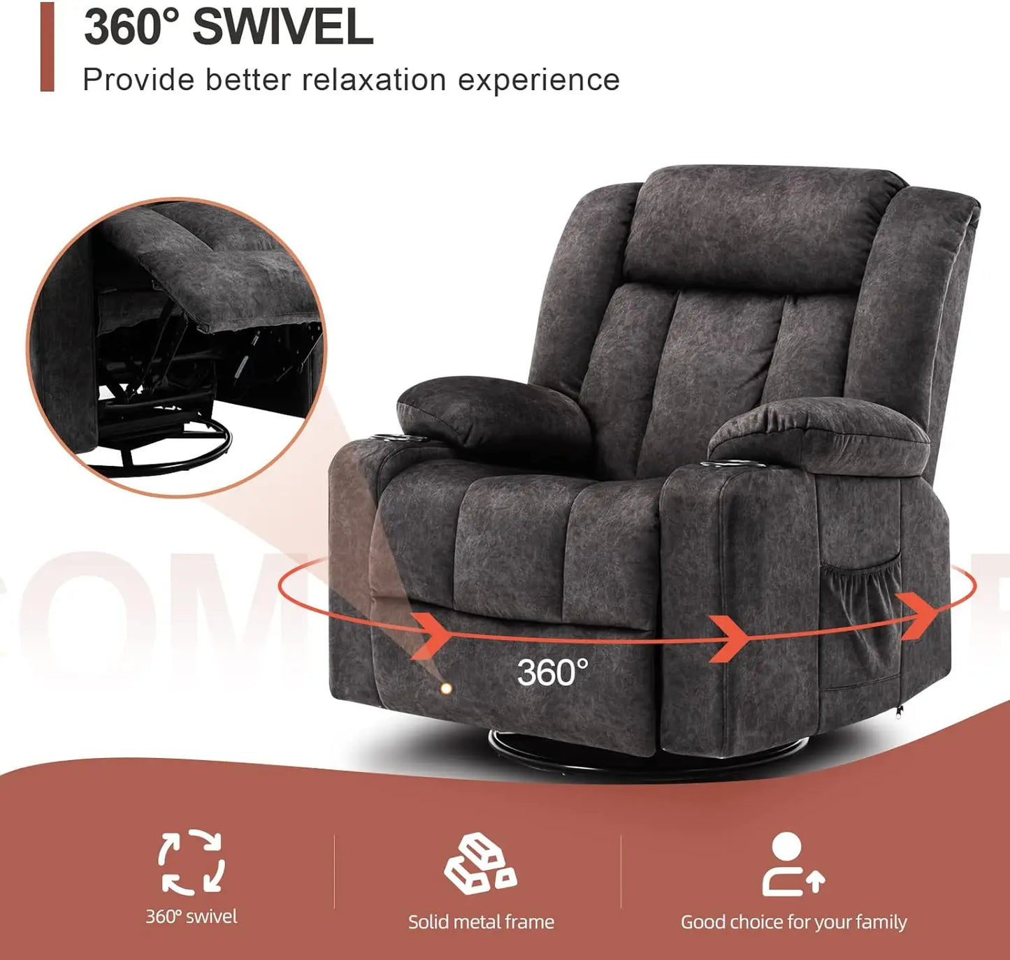 Recliner Chair Massage Rocker with Heated 360 Degree Swivel Lazy Boy Recliner Single Sofa Seat with Cup Holders for Living Room