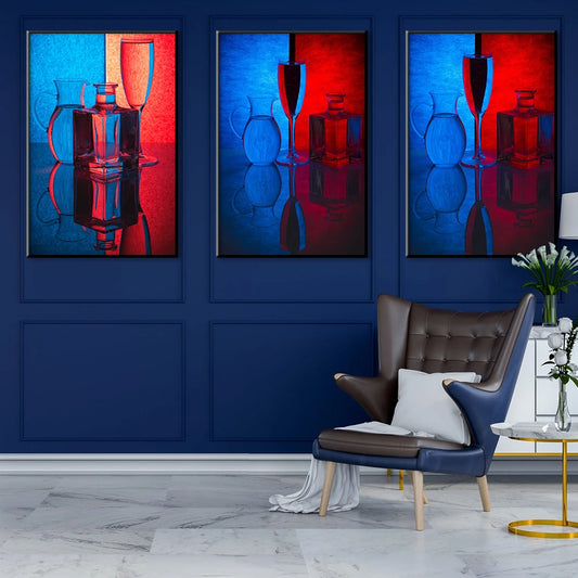 Glass Bottle Wineglass Canvas Painting Print Wall Art Posters Red Blue Pictures for Living Room Wine Storage Room Decor Cuadros