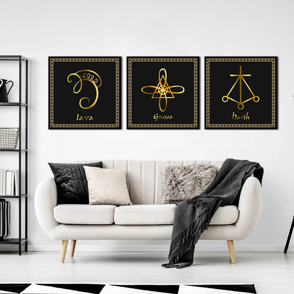 Black Golden Reiki Symbols Canvas Painting Poster Prints Spiritual Meditation Pictures Room Home Therapy Wall Art Decor Cuadros