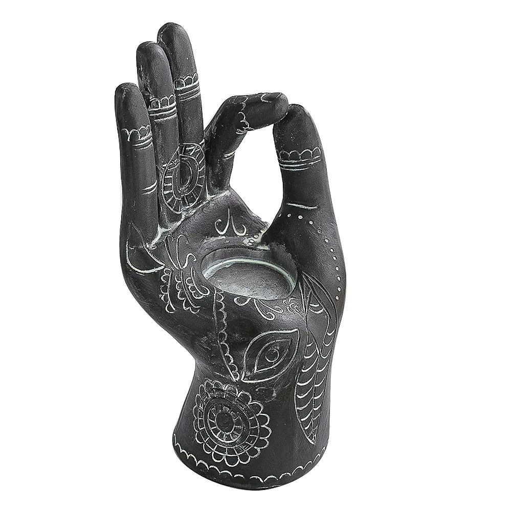 Buda Hand Tea Lighth Holder Housendlellight Dinner Decoration Arm Arm estátua de estátua de vela curando Soul Zen Ornament