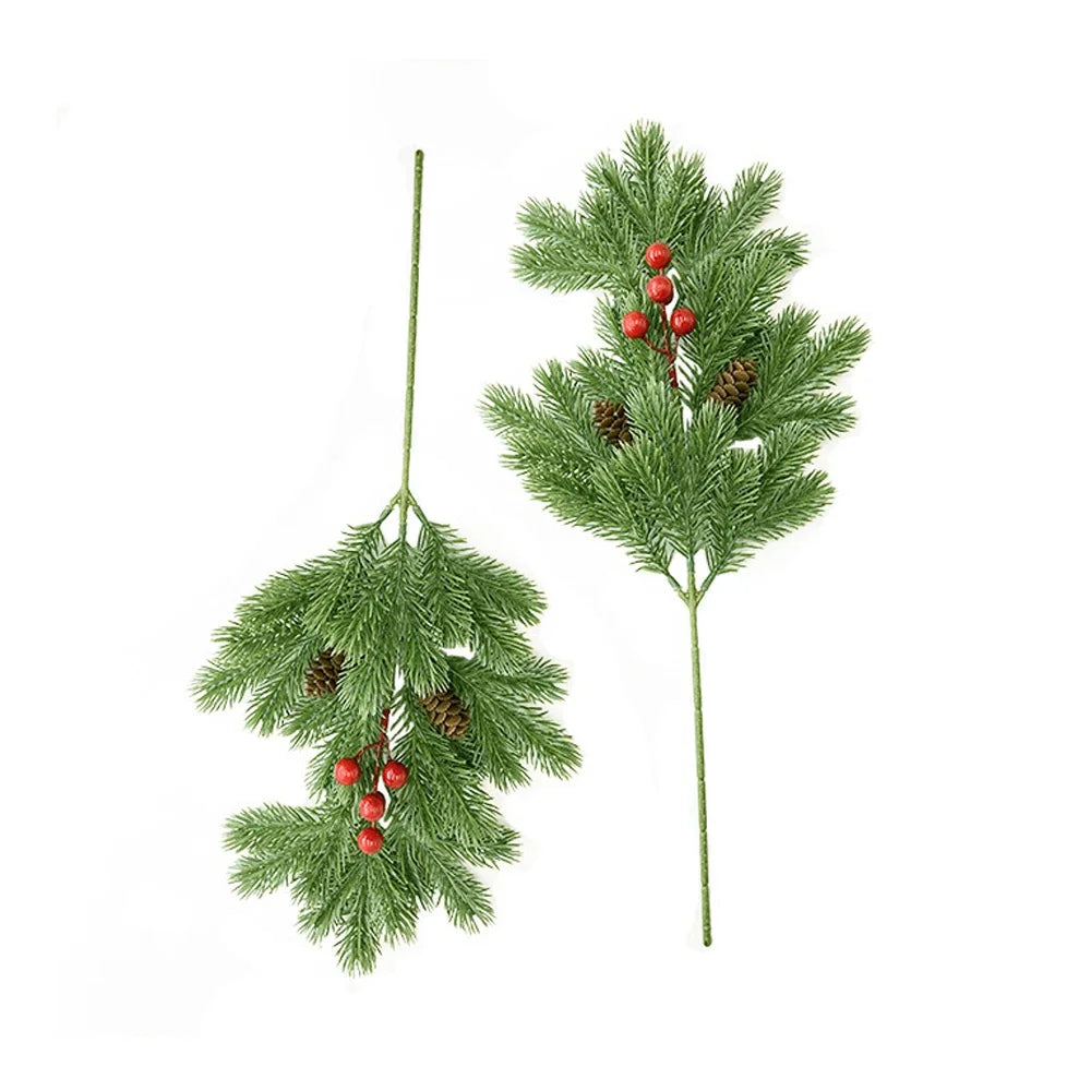 2pcs Realistic Pine Needle Branch Greenery Picks + Pinecone Red Berries Christmas Garland Sprig Wedding Wreath Home Decor 47cm