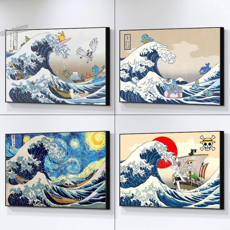 The Great Wave Off Kanagawa tela dipinto cartone animato Great Waves Art Poster Giappone Famoso pittura da parete Arte Arte Decor home