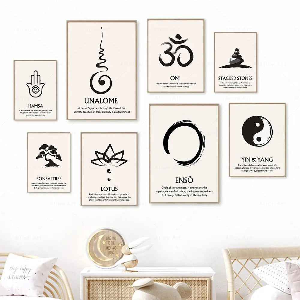 Zen Symbols & Meaning Wall Art Canvas Painting Meditation Mindful Art Poster Spiritual Abstract Print for Living Room Home Decor