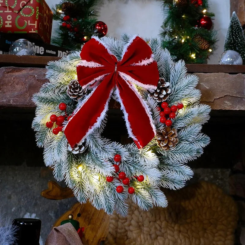 2 Pcs Lighted Christmas Wreaths, 9.8 Inch Pre-Lit Mini Xmas Wreath with Red Bow, Pine Needle Wreath with LED Lights