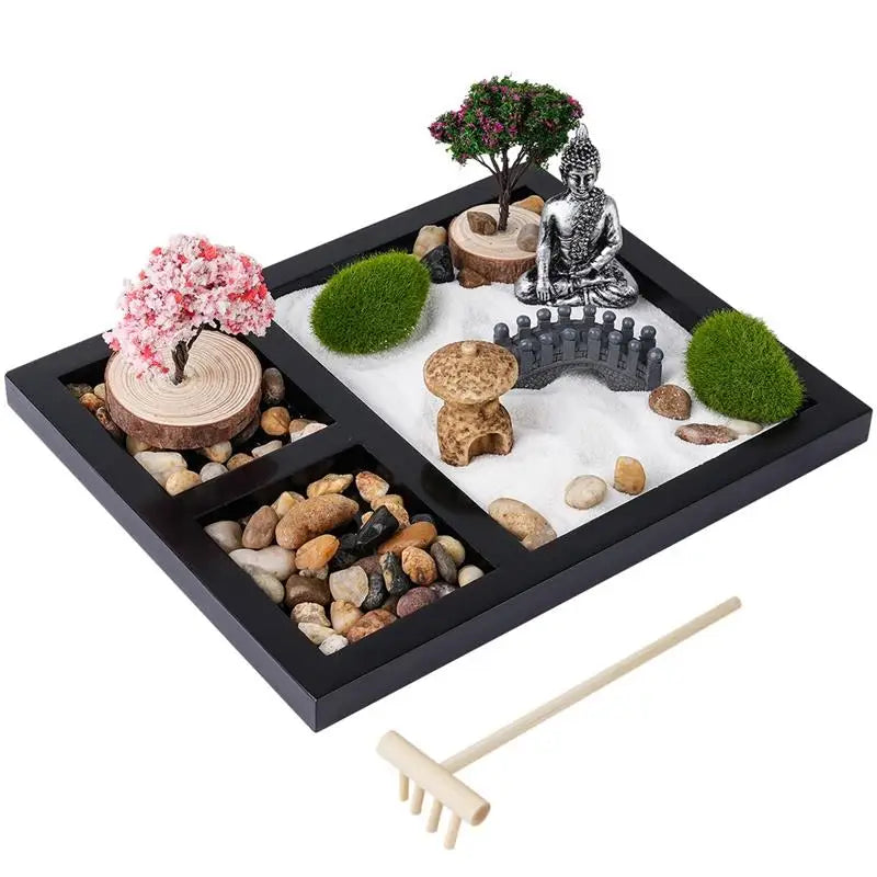 Mini zen jardín auténtico kit de jardín zen kit de jardín zen kit con herramientas de bambú de la oficina en el hogar decoración de meditación de escritorio