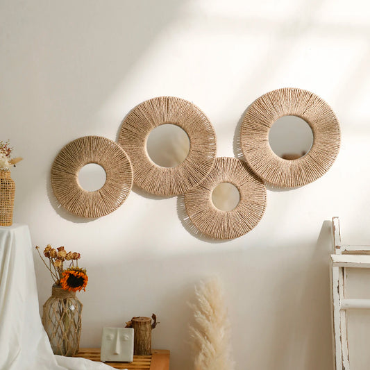 Round Wall Mirror Hanging Decorative Mirrors with Woven Hemp Rope Boho Mirrors for Wall Decor ,Bedroom, Living Room, Bathroom