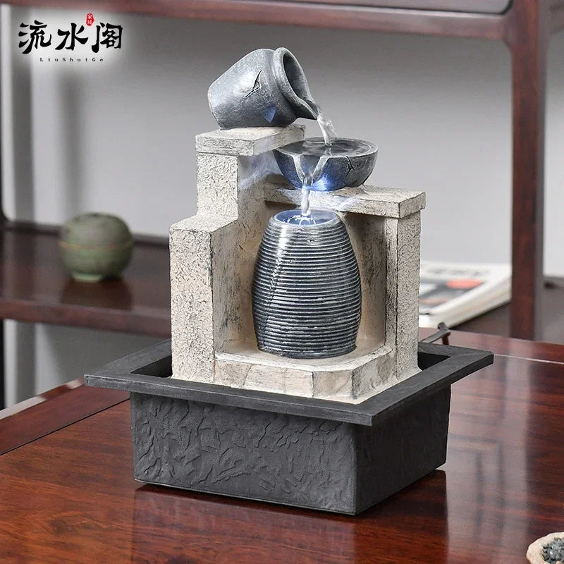 Fuente de agua de mesa de rocas apiladas con luz LED, Feng Shui Zen Cascada interior para decoración de la oficina en el hogar tamaño de escritorio