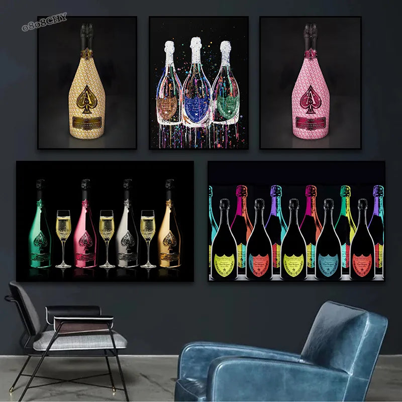 Fashion Luxury Champagne Bottle Art Canvas Pintura impresiones de carteles Arte de pared Impresión Imagen de lujo Bar en casa Decoración del comedor