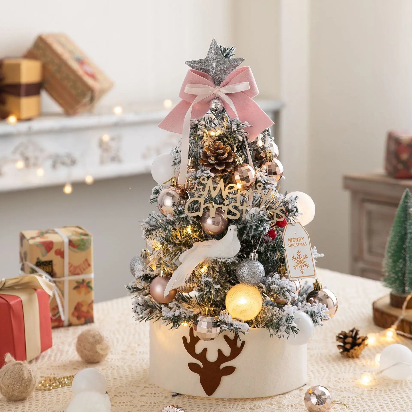 45/60cm Mini Christmas Tree With Lights DIY Desktop Golden Red Christmas Decorations 2023 New Year Home Party Windows Ornaments