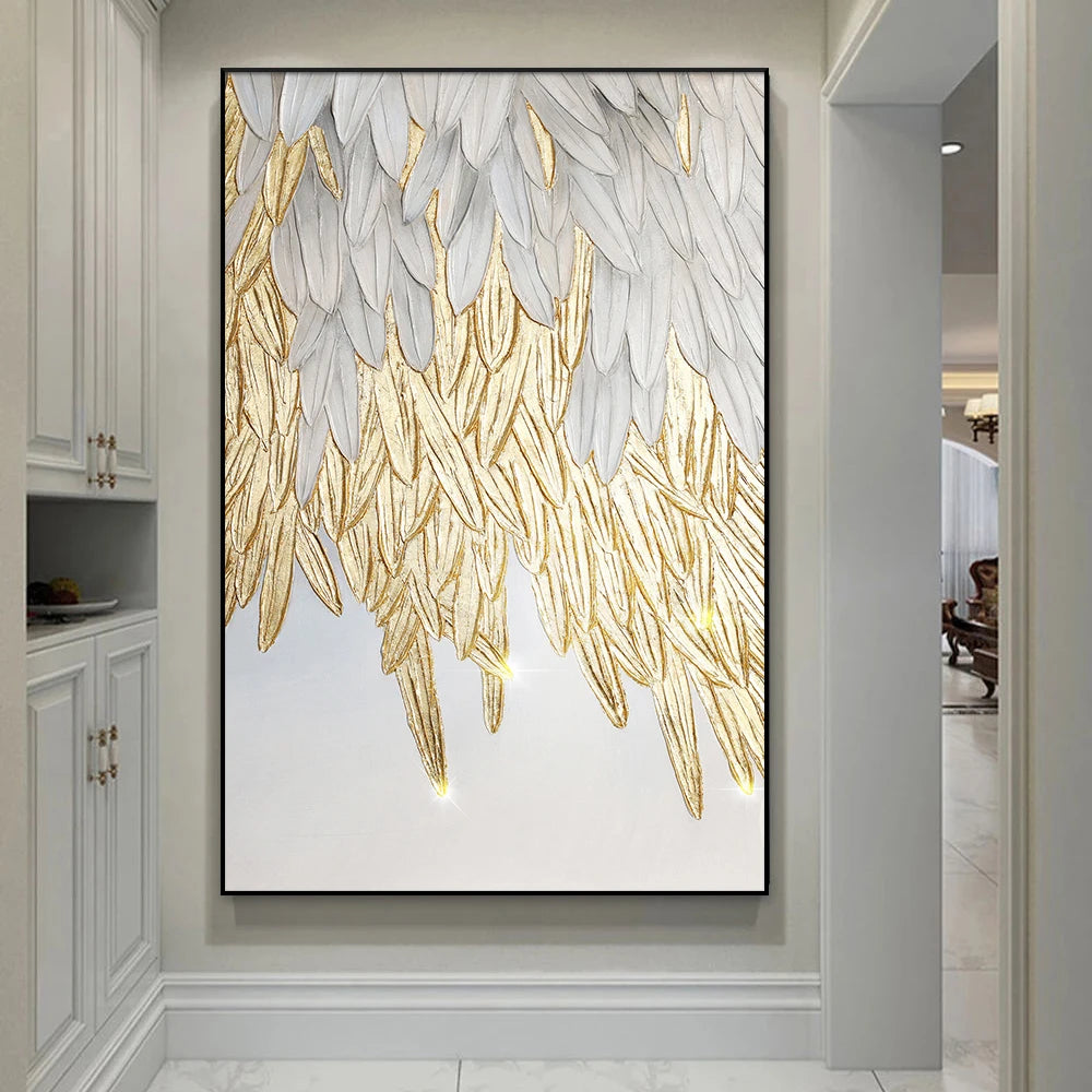 Pintura de folhas de penas de ouro branco grande luxuros de parede de parede impressão impressão de impressão de imagem abstrata para decoração de casa de sala Cuadros