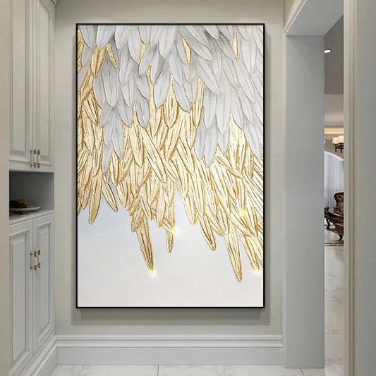 White Gold Feather Leaf Painting Large Luxury Wall Art Canvas Poster Print Abstract Picture for Living Room Home Decor Cuadros