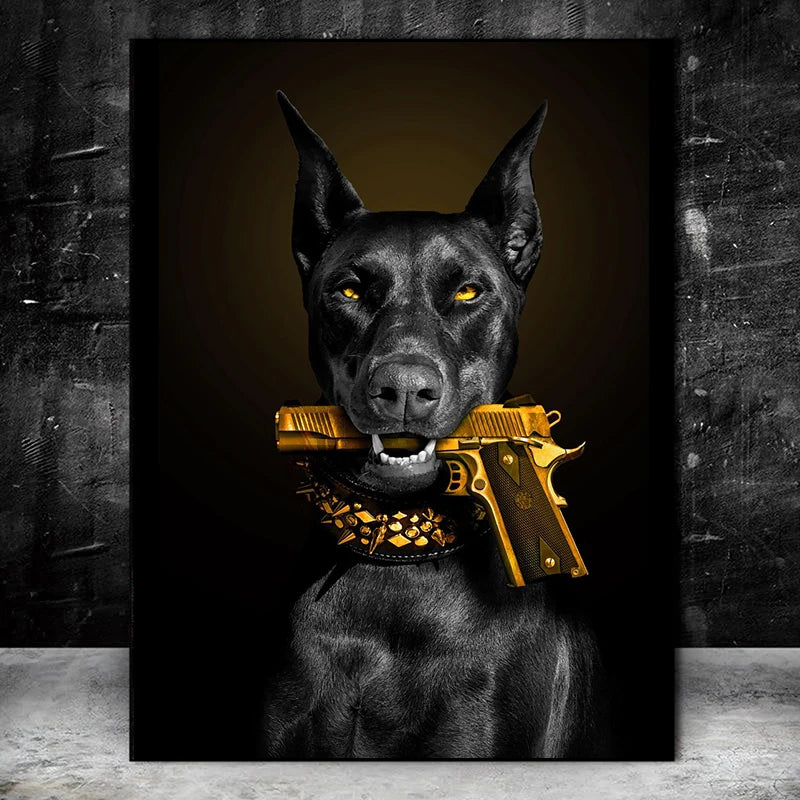 Moda Black Doberman Dog Lion con un cartel de pistola lienzo Pintura de arte de pared de animales de lujo para sala de estar decoración del hogar