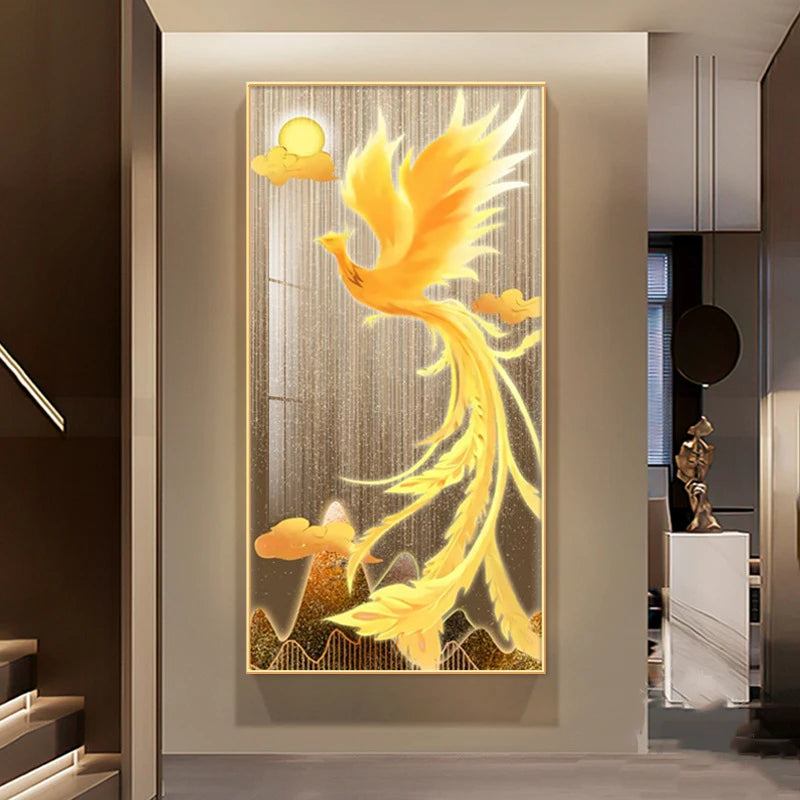 Nuevo estilo chino Luxury Golden Phoenix Canvas Painting Fengshui Animal Peacock para la sala de estar del porche Decoración de la sala de estar sin marco Cuadros