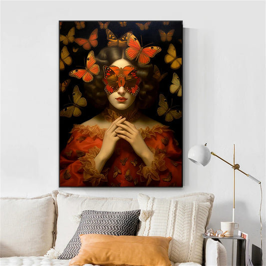 Butterfly Flower Woman Poster Print Vintage Portrait Canvas Painting Abstract Wall Art Picture for Living Room Home Decoration