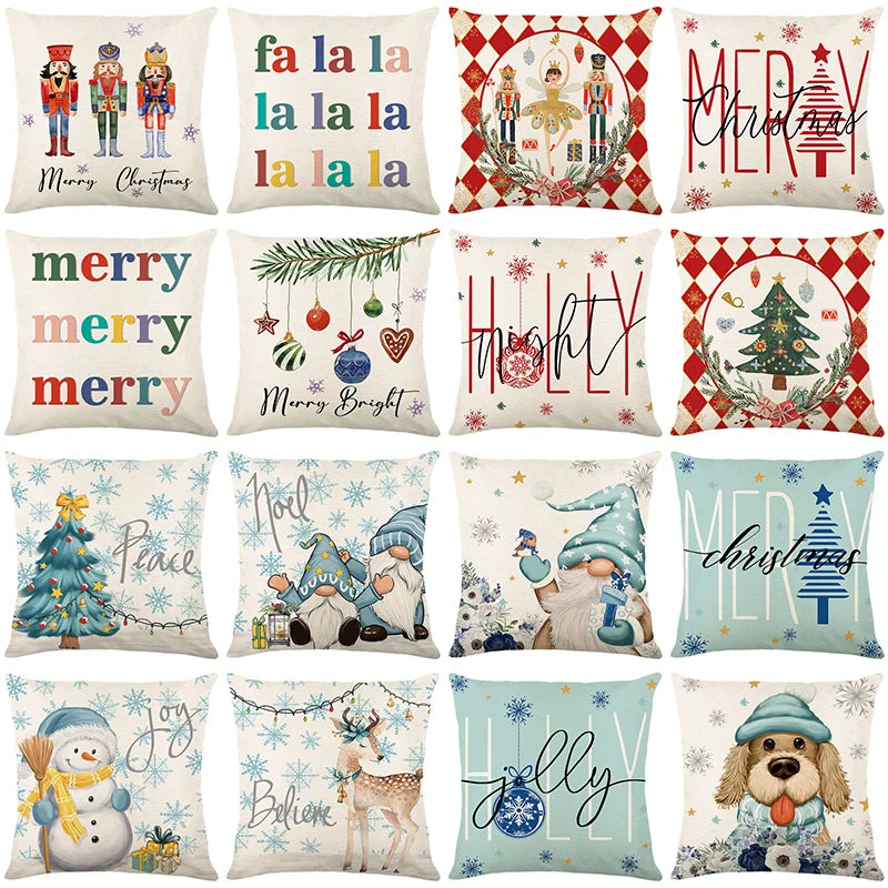 Cartoon Christmas Doll Pillowcases 45x45cm Linen Pillow Cover Santa Claus Snowman Dog Print Cushion Cover Home Sofa Decorations