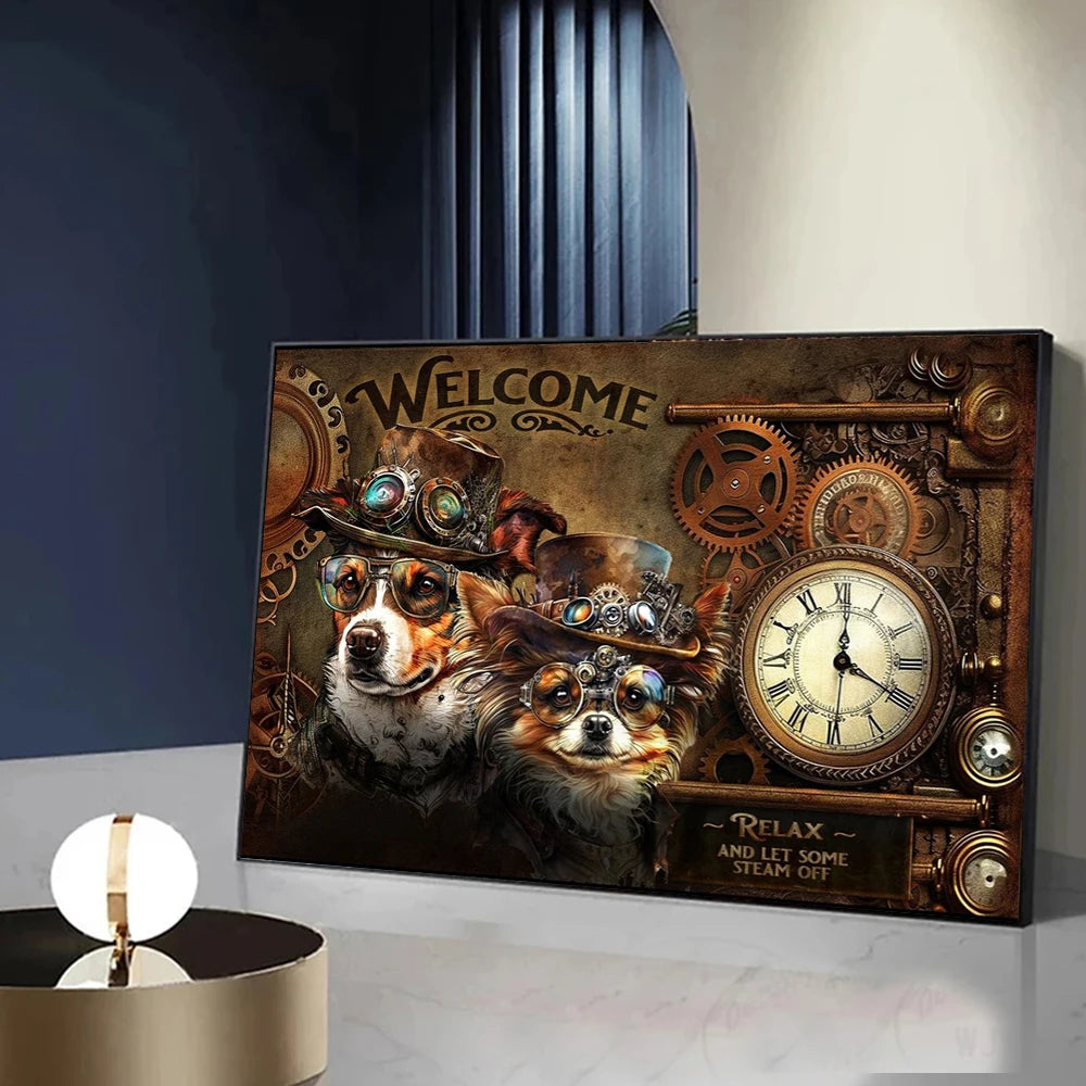 Nuevo steampunk 3d metal arte de arte steampunk de bienvenida signo dog gato animal lienzo de la sala de estar del fondo del hogar decoración del hogar