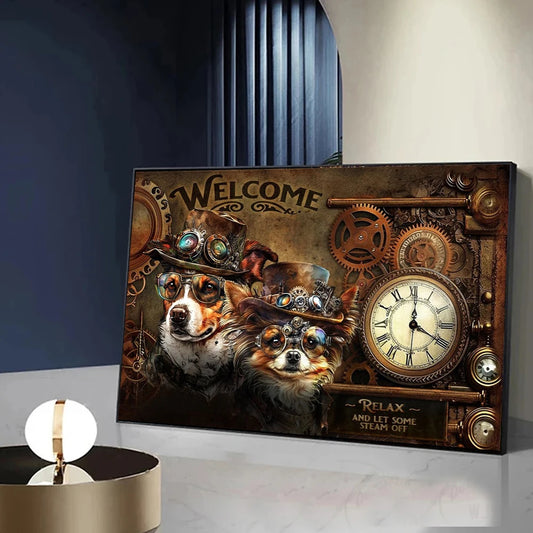 New Steampunk 3D Metal Art Poster Steampunk Welcome Sign Dog Cat Animal Canvas Painting Living Room Background Wall Home Decor