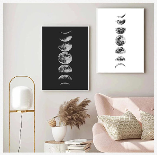 Blanc Moon Phases Pain d'espace La Luna Pictures Home Mall Art Decor Lune Phases Wall Art Toile Princement Princement, noir et