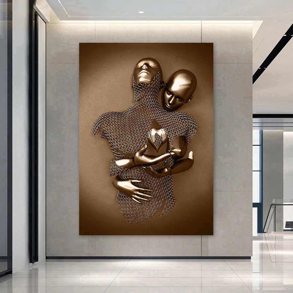 Metal Figure Statue Posters Print Romantic Abstract Lovers Canvas Paintings Wall Art Pictures for Room Home Decoration