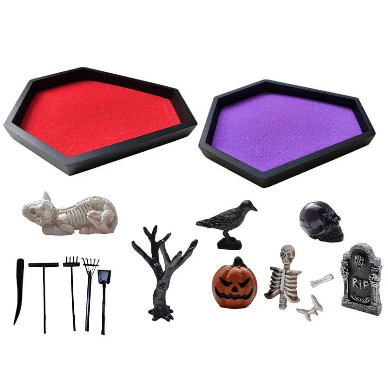 Garden Zen Halloween Coffin Mesa de arena Interior Gótico Kit de jardín zen con cráneo para adornos temáticos Mini paisaje