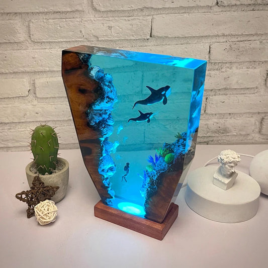 Seabed World Organism Resin Table Light Creactive Art Decoration Lamp Whale Diver Jellyfish Theme Night Light  USB Charge