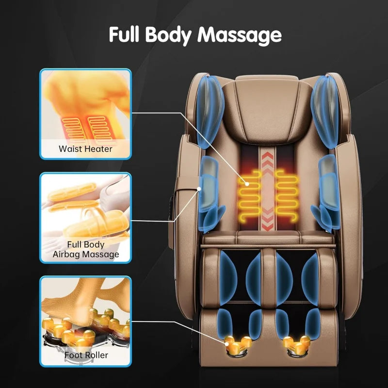 Full Body Zero Gravity Massage Chair, Brown and Gold