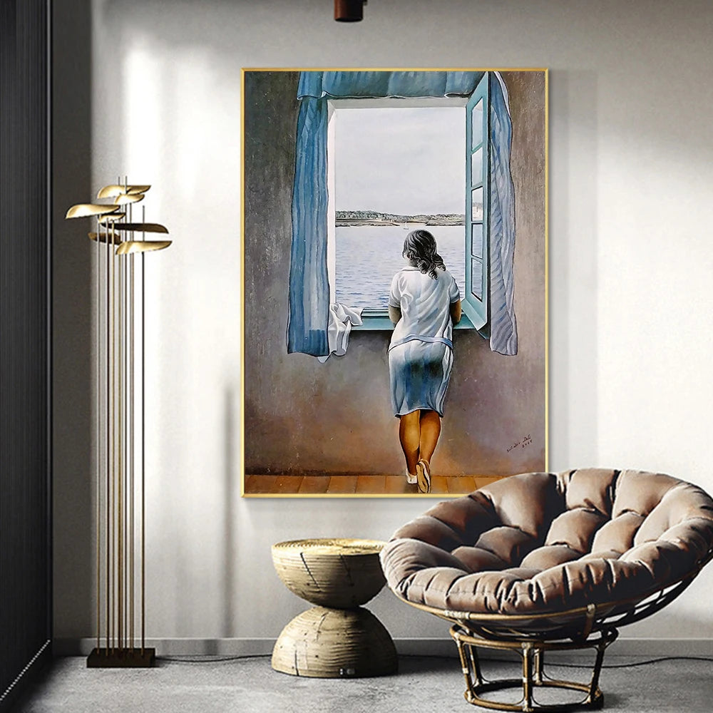 Girl At the Window Painting Canvas Print Poster Salvador Dali Wall Art Woman Sea Blue Picture for Living Room Home Decor Cuadros