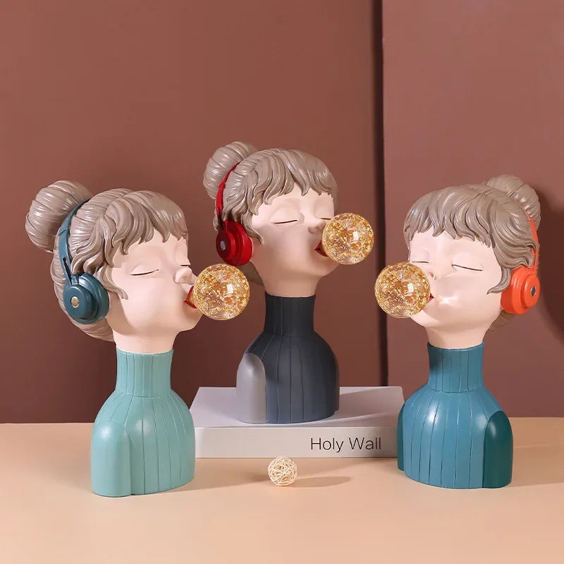 Decoración moderna del hogar Bubble Bubble Gum Girl Statue Escultura de resina Música Música Ornamentos Crafts Gabinete Figuras de escritorio