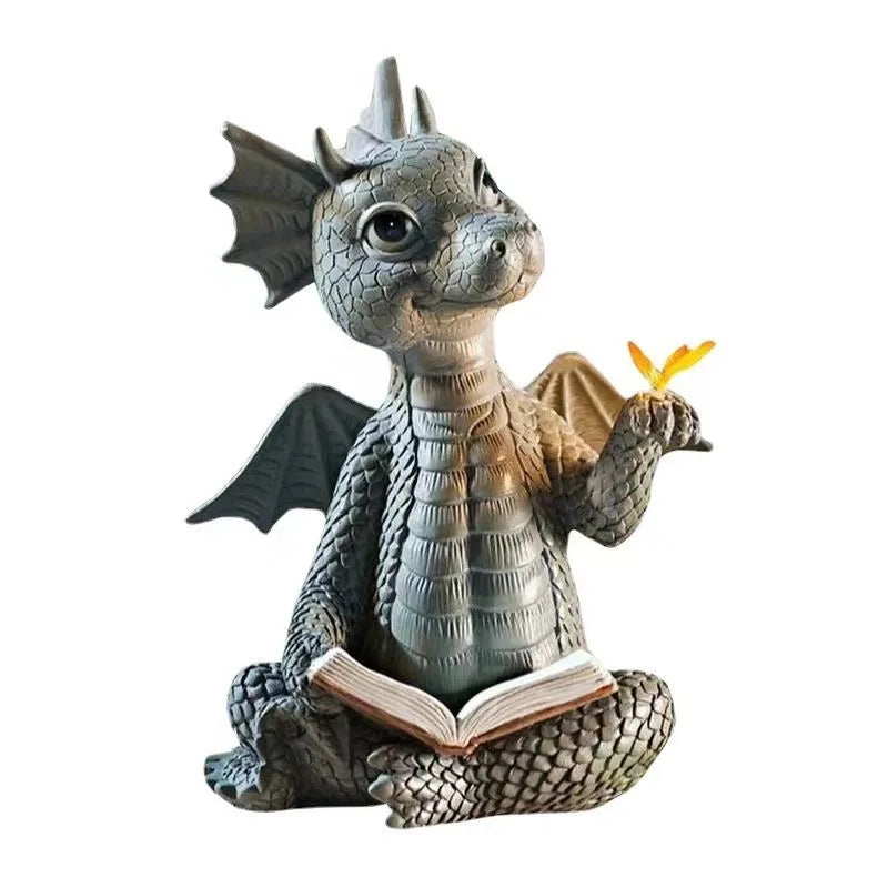 1pc Nouveau mignon petit dragon dinosaure méditation lecture livre sculpture sigle jardin décoration de maison décoration résine décoration extérieure