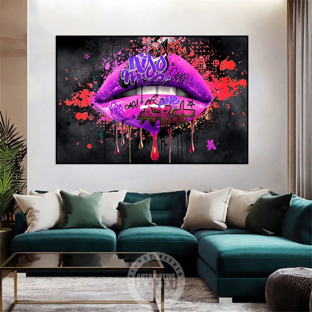 Kiss Me Graffiti Lips Pop Art Canvas Pinting Abstract Love Cartel y impreso Arte Fotografías para la sala de estar Decoración del hogar