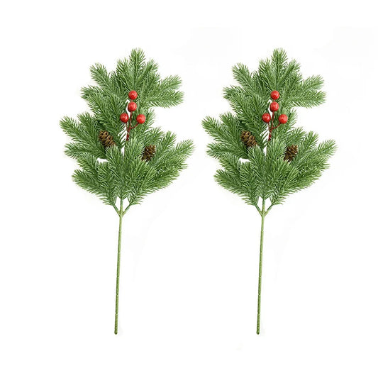 2pcs Realistic Pine Needle Branch Greenery Picks + Pinecone Red Berries Christmas Garland Sprig Wedding Wreath Home Decor 47cm