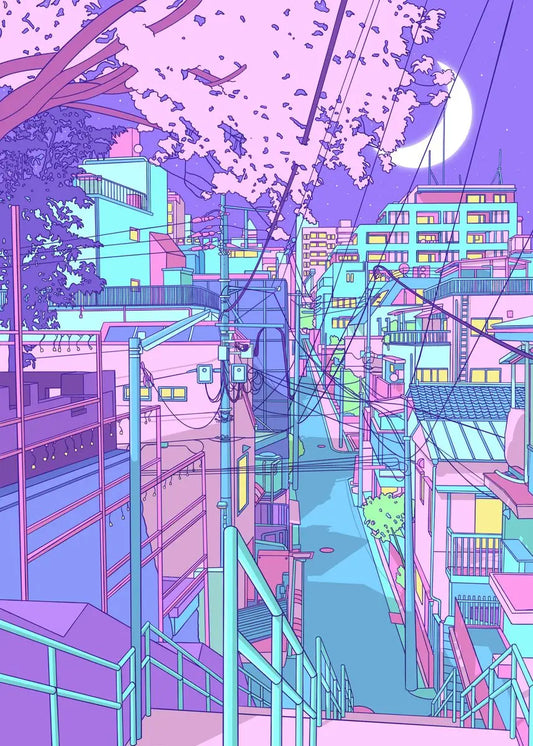 80S Neon City Street Vaporwave Canvas Póster de la calle coreana Anime Pintura decorativa Arte de pared estampados para la habitación Kawaii Decoración de la habitación