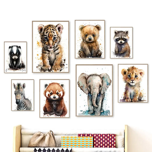 Elefante Zebra Lion Tiger Bear Raccoon A acuarela Carteles para bebés Canvas de guardería Pintura Arte de pared Impresión Decoración de habitaciones para niños