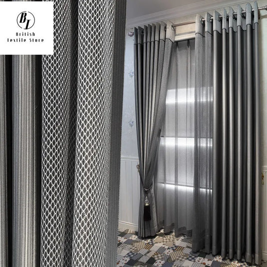 Modern Curtains for Living Room Bedroom Dining Luxury Nordic Gray Tulle Stitching Window Drape Custom Size Finished Product