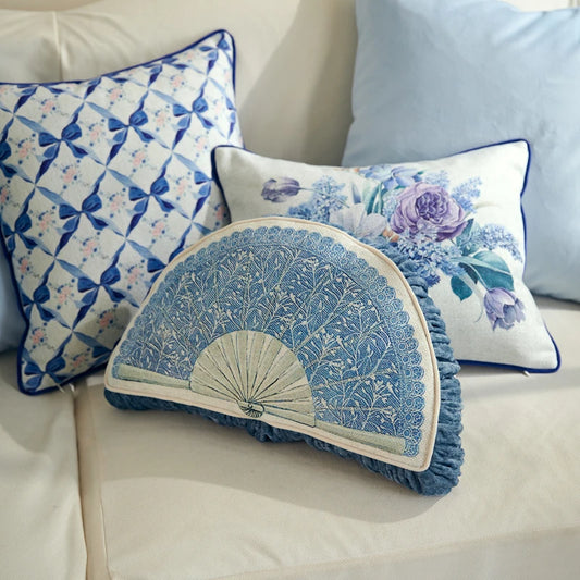 Blue Pillow Retro Plant Flower Livingroom Clear Romantic Pillow Cushion Home Decoration Square Fan-shaped Bed Waist Pillow