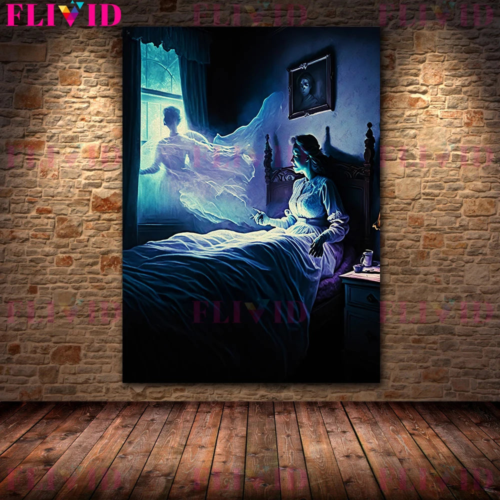 Geister um mysteriöse Horror -AI -Kunstplakat und Druckgeister am Bett Vintage Wall Art Canvas Malerei Home Dekoration