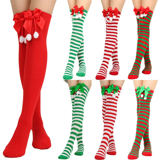 Christmas Green Red Stocking Striped Over The Knee Bowknot Long Socks Chirstmas Gift Elf Santa Socks